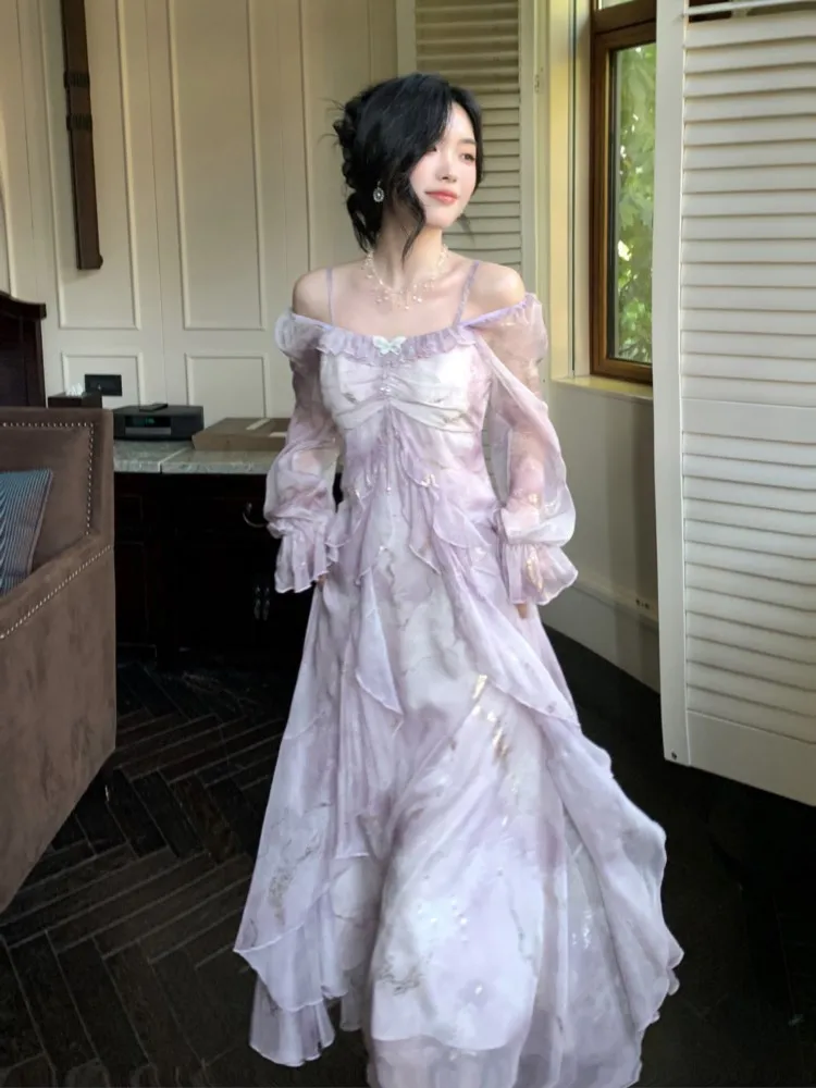 Autumn French Print Fairy Long Dresses for Women Elegant Off Shoulder Ruffles A-Line Birthday Party Dress One Piece Vestidos New