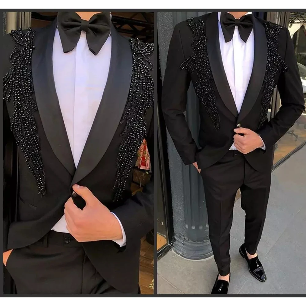 

Luxury Men Suits Fashion High-end Beading Black Shawl Lapel Male Blazer Chic Solid Color Slim Fit Wedding Tuxedo Formal 2 Piece