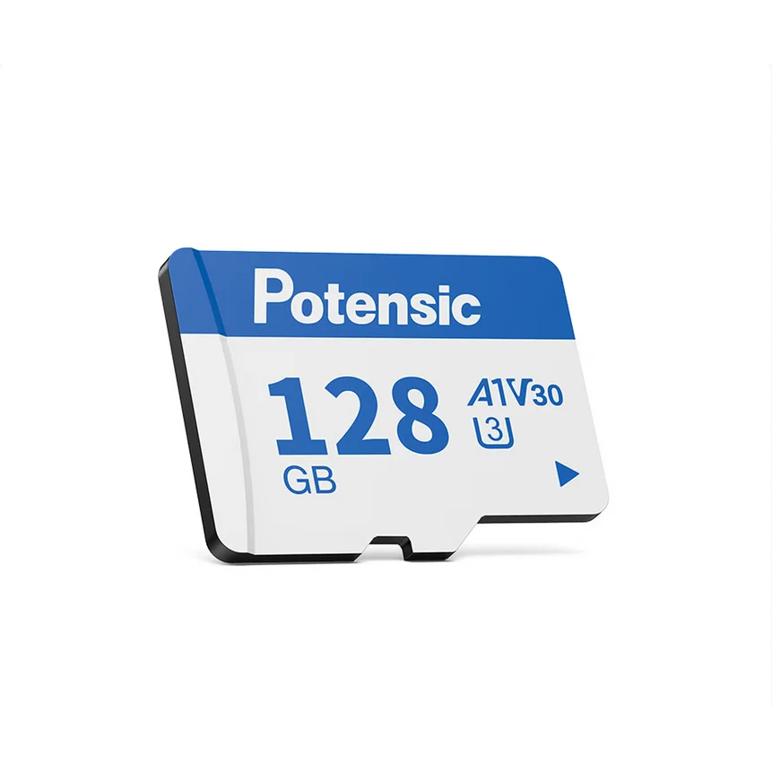 Boîte d'emballage de la carte SD Potensic 128 Go avec les spécifications techniques visibles.