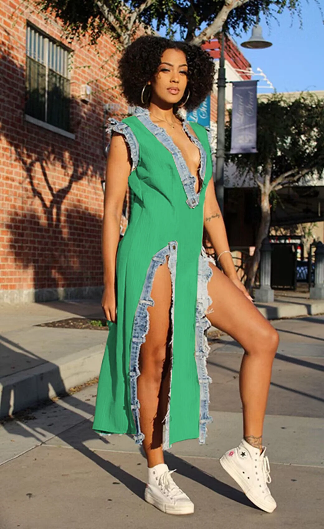 

Women Denim Patchwork High Side Split Deep V-neck Bodycon Midi Maxi Dress 2023 Autumn Street Vestidos Sexy Party Dresses