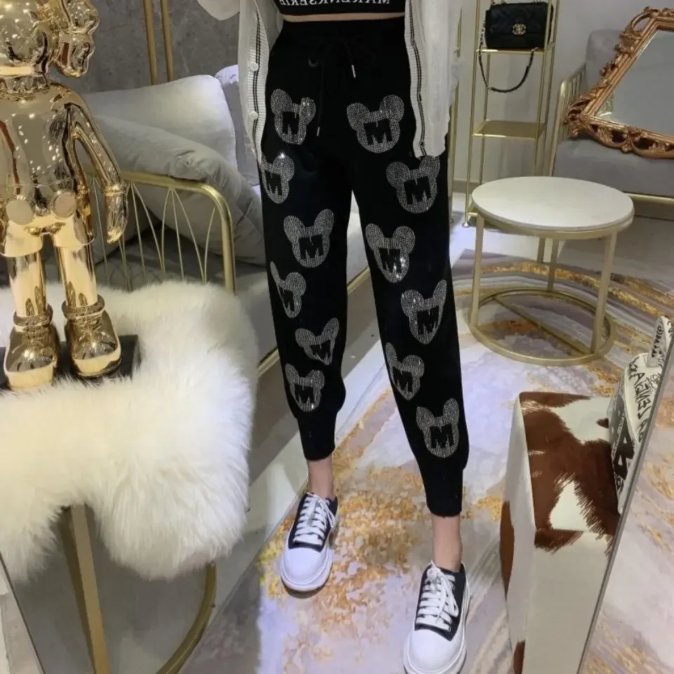 2021 New Women's Harlan High Waist Hot Rhinestone Knitted Casual Pants Fashion Pants Street Women's Pants Drawstring Sweatpants 2021 new y2k printed heart shaped jeans mommy 2xl retro street women women s blue high stretch sexy skinny pencil jeans