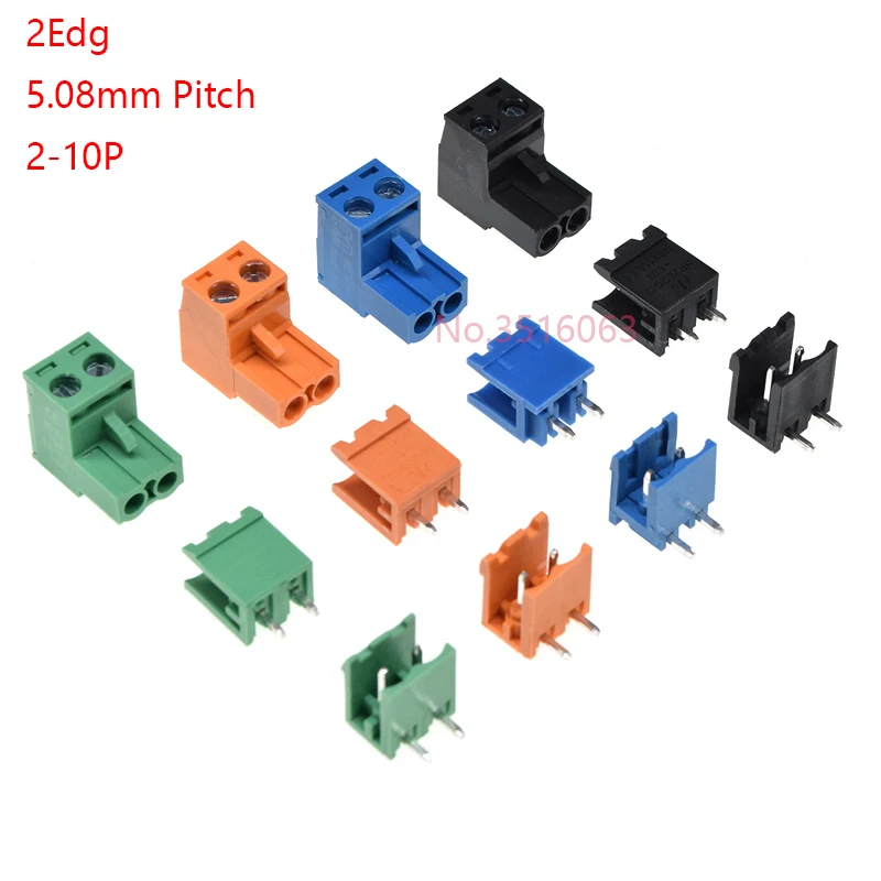 2edg 5.08mm Straight/Curved Needle Pin Pluggable Screw Terminal Block Connector Plug+Socket Green/Black/Blue/Orange 2/3/4/5/6/8P
