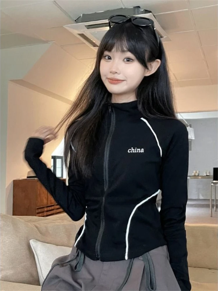 Y2K Clothes Black Stand-up Collar Sports Coat Women's Spring and Summer Thin Section Slim Casual Short Long-sleeved Zipper Tops