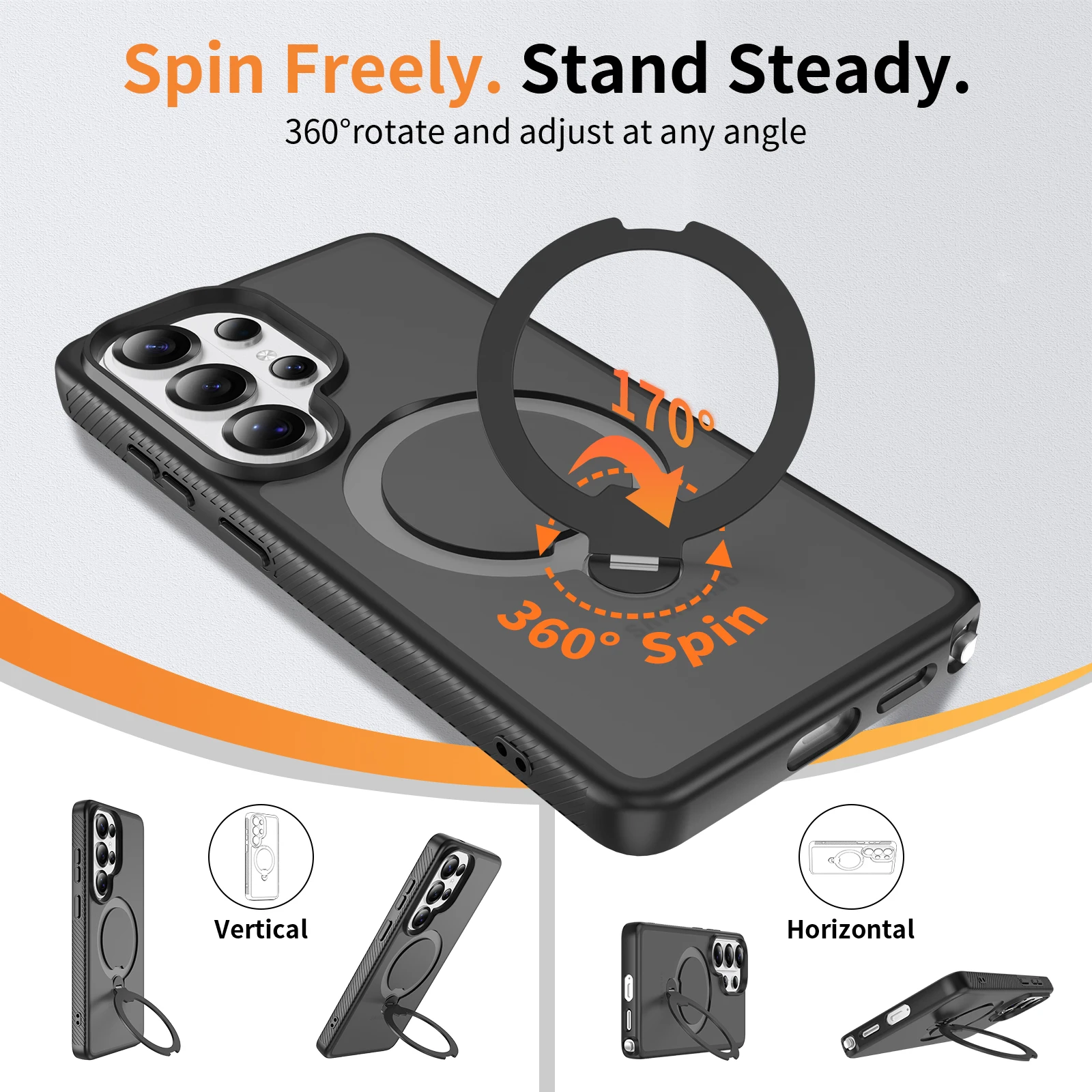 Rotating Magnetic Ring Stand Case - Shockproof Lens Protection & Wireless Charging Compatible
