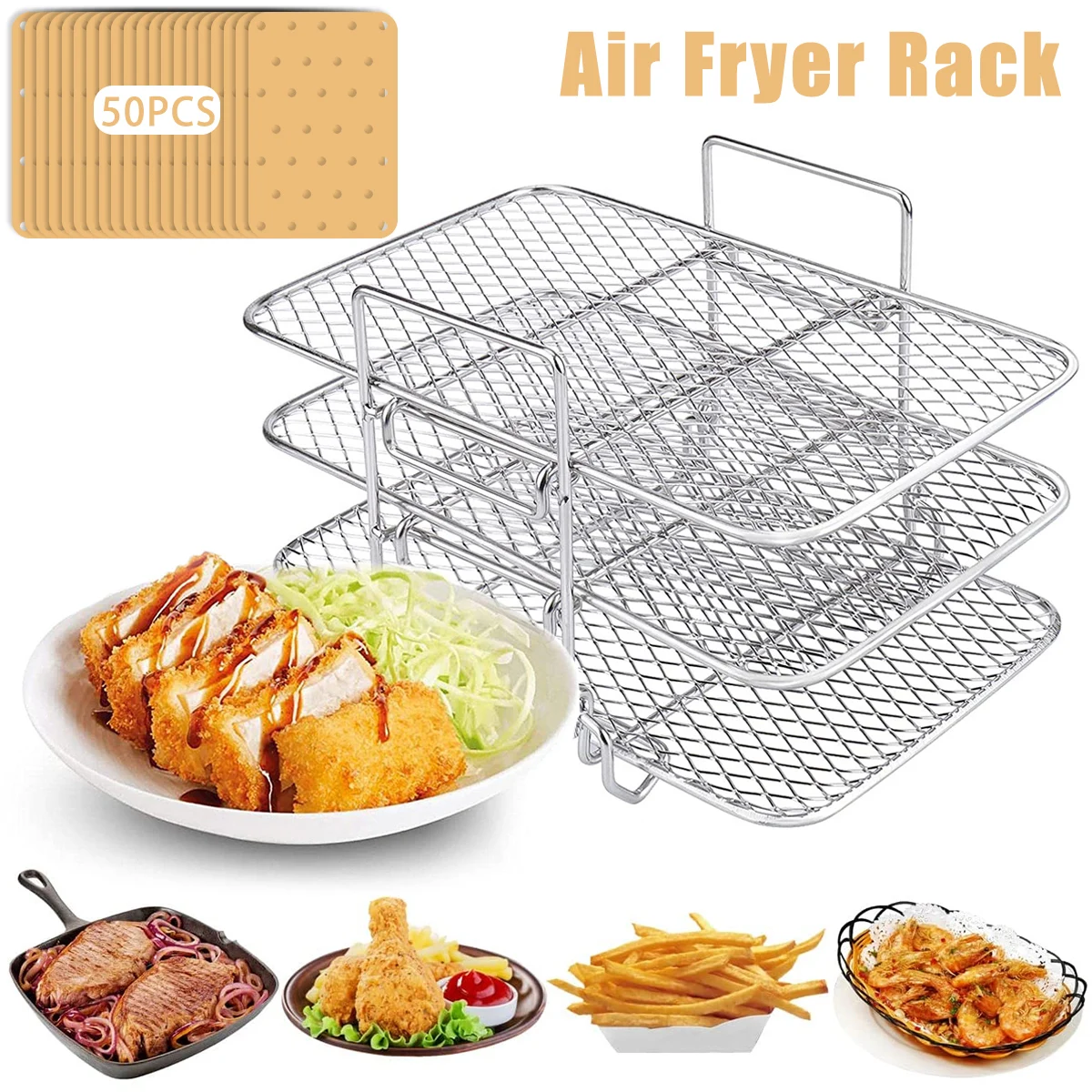 Air Fryer Rack 50 Liners Sheets 3 Layered Stainless Steel Dehydrator