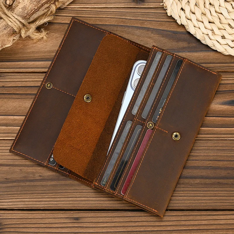 Crazy Horse Leather Long Wallet for Men with Multiple Card Slots, Coin Pocket, and Phone Holder