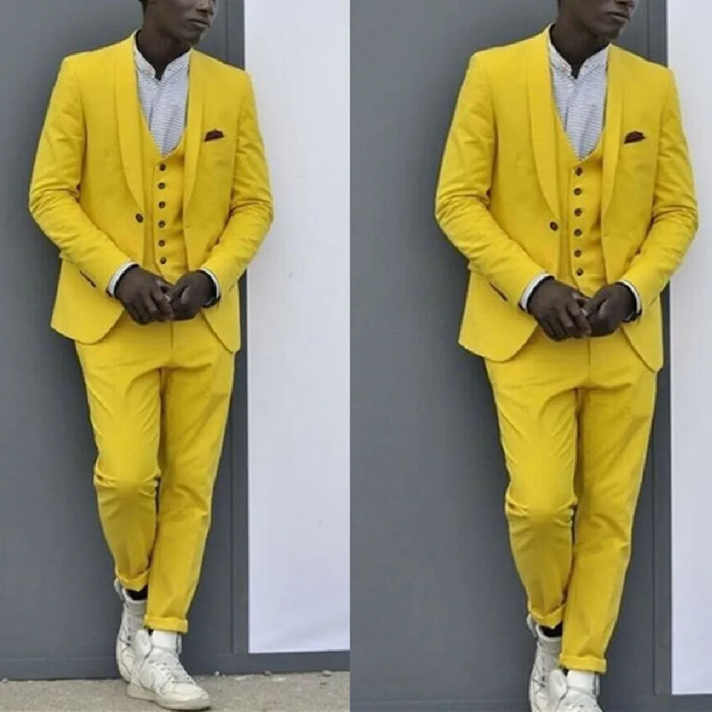 

Yellow Men Suits Tailored Fit Wedding Groom Ropa de hombre Tuxedos Party Wear Business Slim Blazers 3 PCS Jacket & Vest & Pants