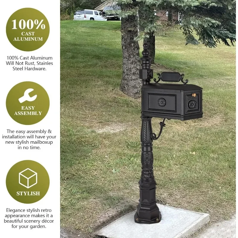 Polar Aurora Barcelona Decorative Post Mailbox Combination Stratford Heavy Duty Postal Mail Box Cast Aluminum(Black)