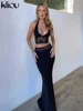 kliou Lace Patchwork Women 2 Piece Set Halter Fashion Backless Sheer V-neck Tanks+Trim Matching Long Skirts Mujer Elegant Suits 4