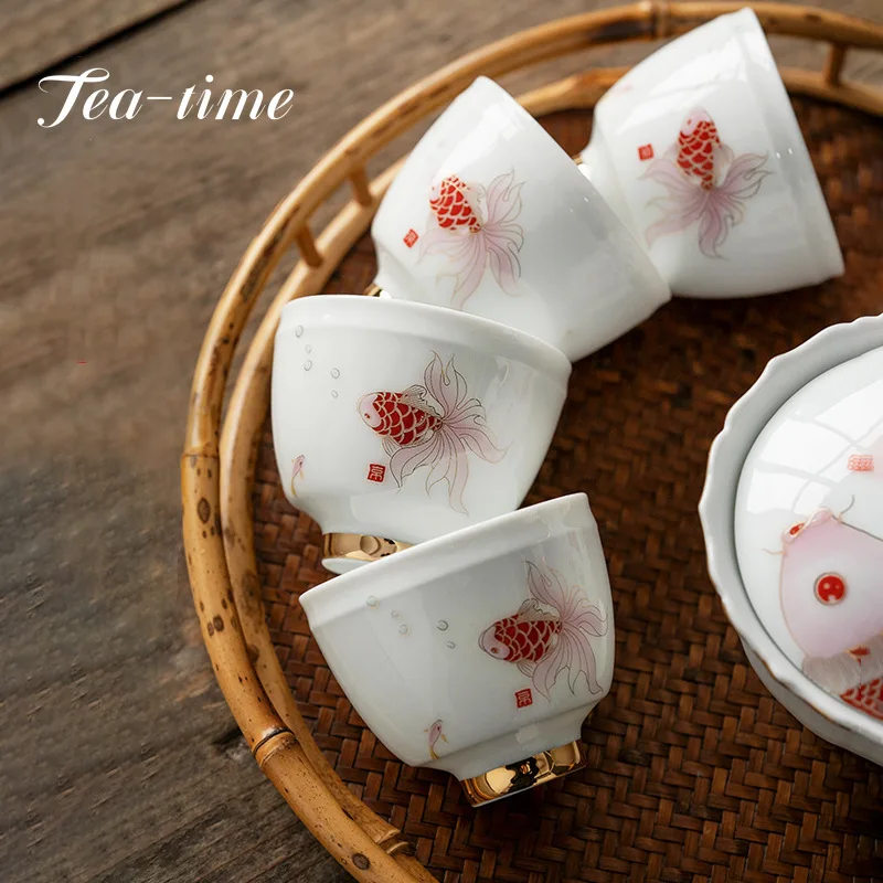 75ml Hand -painted Powder Red Koi Fish Fun Ceramic Tea Cup Drawing Gold Handmade Master Cup Single Wide Mouth Drinkware