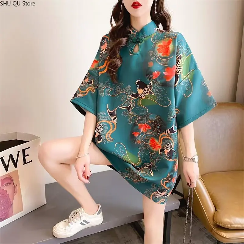 Elegant Cheongsam Dress for Women Chinese Traditional Cotton Qipao Top Hanfu Tang Suit Beautiful Embroidery Design Vintage Style