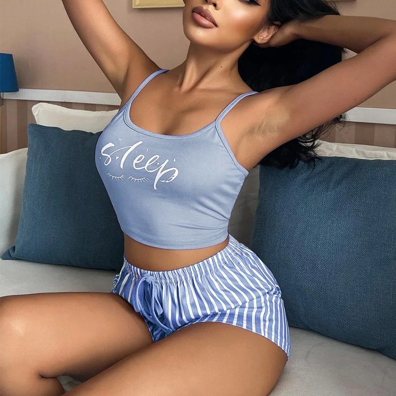 Women Pajamas Sets Letter Print Pijama Striped Pyjama Female Home Clothes Sleepwear Sleeveless Cami Top Shorts Suits Homewear
