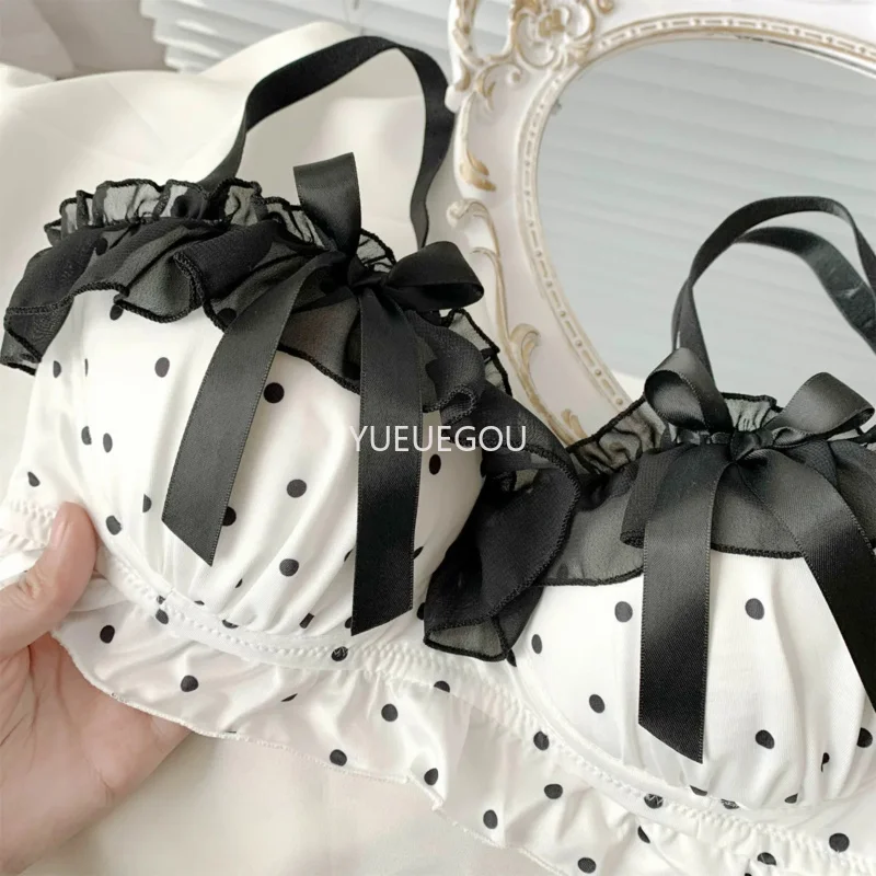 Niedliches BH-Set mit Schleife und Punkten für Damen – Bügelloser Push-up-BH für kleine Oberweite, bequemes Spitzenunterwäsche-Set (2-teilig)_voghion.com