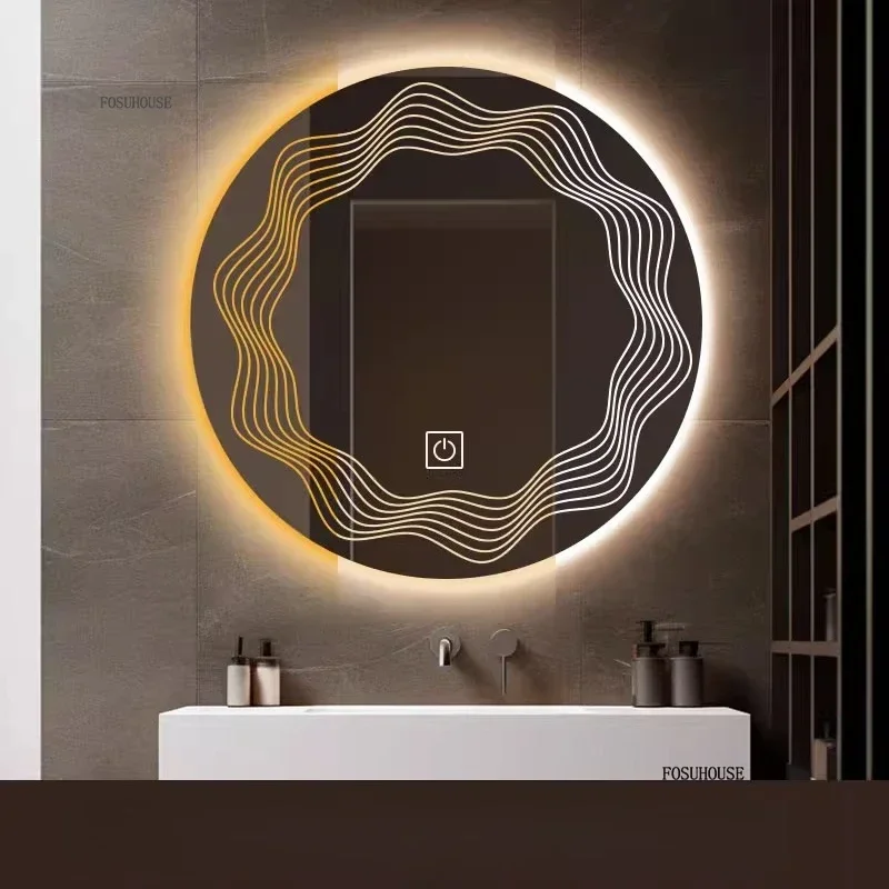 กระจกห้องน้ำทรงกลมอัจฉริยะ กระจกใสป้องกันฝ้าพร้อมไฟ LED ติดผนัง พร้อมเซ็นเซอร์ กระจกห้องน้ำดีไซน์สร้างสรรค์สำหรับโรงแรม 1