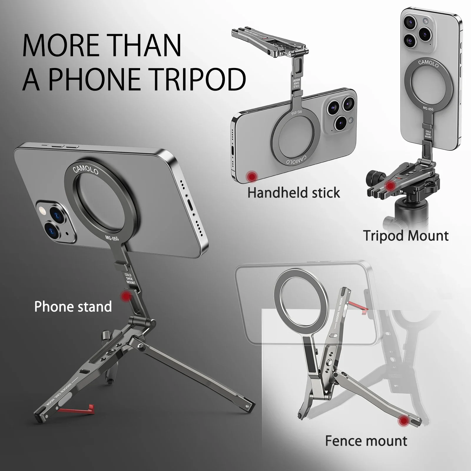 Perche à Selfie Trépied Extensible 165 Cm - Support Magnétique, Télécommande Bluetooth, Pliable 27.8cm