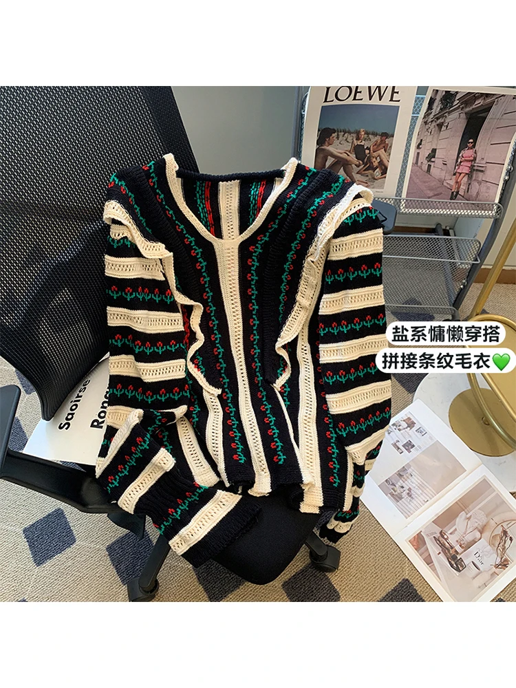 

Women's Black Striped Pullover Knitted Sweater Harajuku Long Sleeve Jumper Sweater 90s Korean Y2k Emo 2000s Vintage Clothes 2023