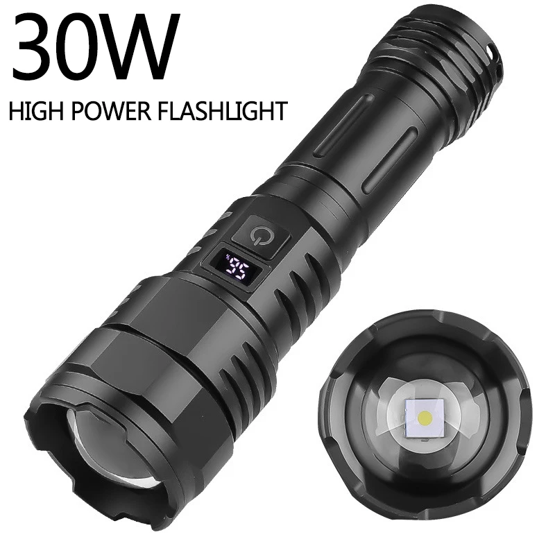 

30W LED High Power Flashlight USB Rechargeable 26650 Torch with Power Display Screen Waterproof Zoom Camping Fishing Lantern