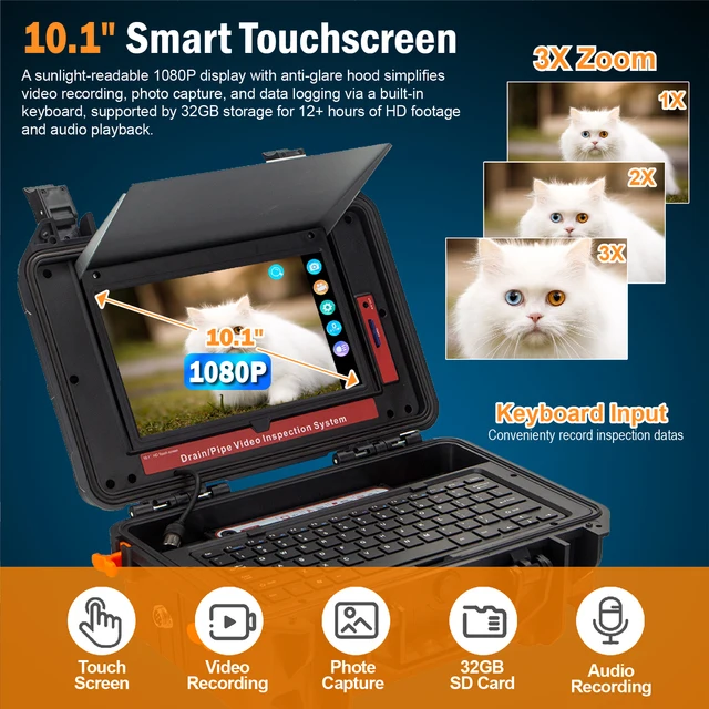 Sewer Camera with 10.1in HD Screen and 512HZ Locator Self-Leveling Distanc Counter Inspection Camera with keybord and 5mm Cable 3