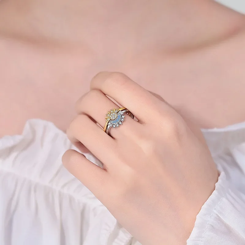 Fashion Star Moon Daily Wear Jewelry Stackable Rings Blue Sparkling Moon Sun Adjustable Ring for Women Engagement Jewelry Gift