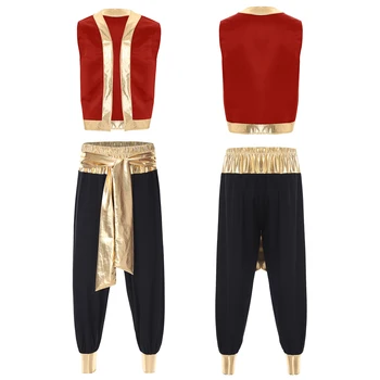 Costume da Principe Arabo per Uomo, Gilet Metallizzato Lucido con Bordo Decorativo e Pantaloni Lunghi, Set 2 Pezzi per Halloween e Feste in Maschera