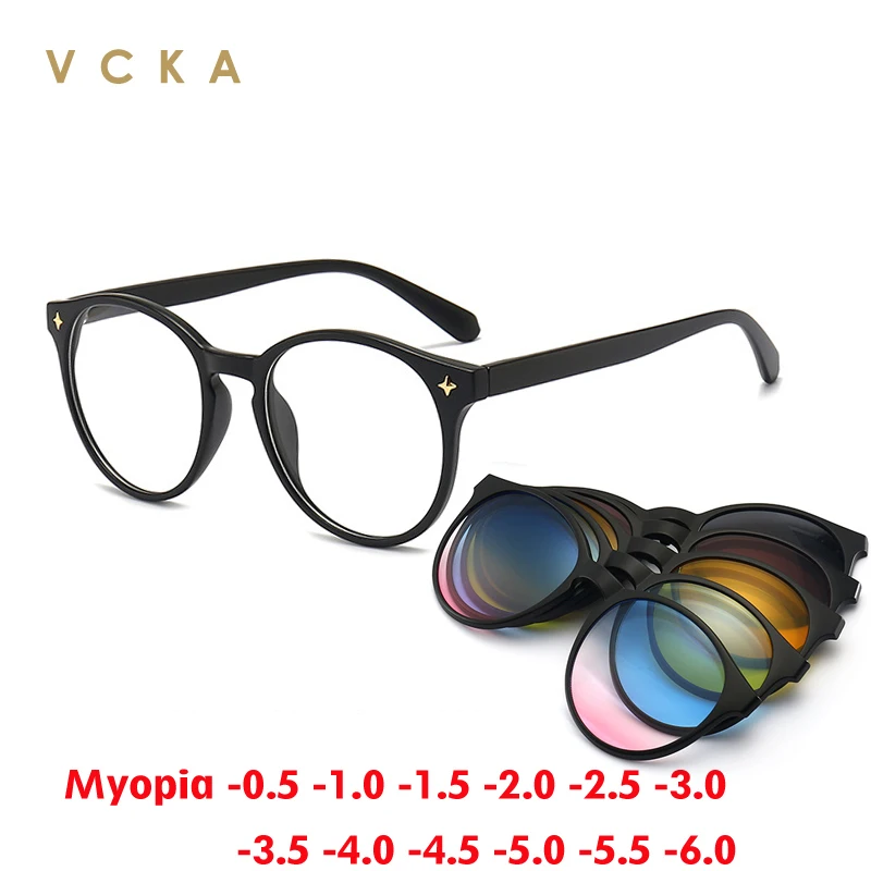 

VCKA 6 in1 Lenes Magnet Clip Myopia Sunglasses Round Men Polarized TR90 Frame Custom Prescription Women Glasses -0.5 TO -10