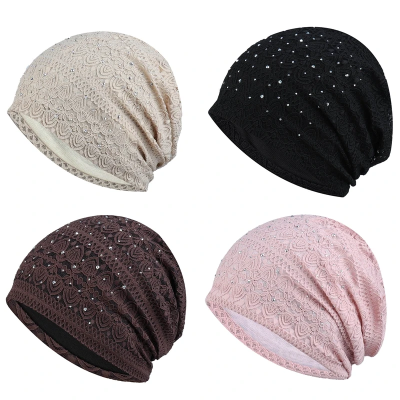 

Lace Rhinestones Beanie Hats Women Flower Turban Hat Slouchy Headscarf Fashion Party Hijabs Muslim Ladies Hair Cover Bonnet New