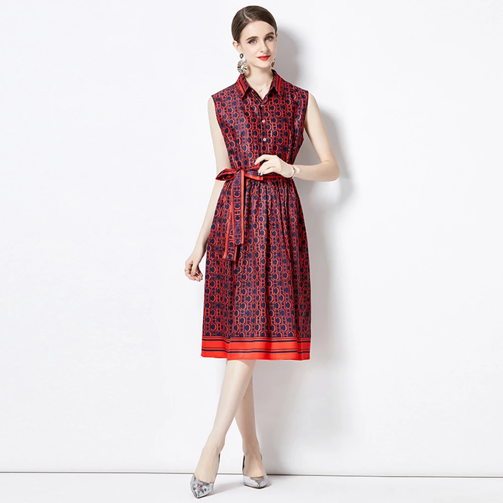 

Runway Vintage Letter Floral Print Dress Women 2023 Summer Sleeveless Lace Up Bow Belt A-Line Midi Long Shirt Vestidos M9878