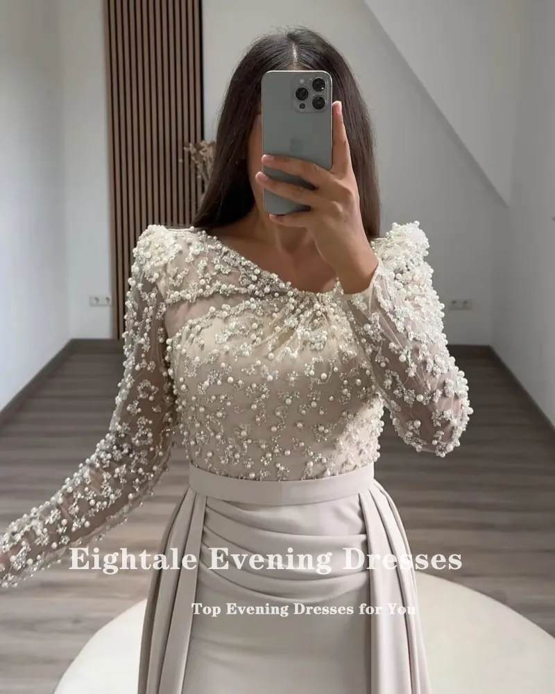 فستان سهرة عربي Eightale بلون الشمبانيا وأكمام طويلة مخصص من الساتان القابل للتمدد لحفلات الزفاف حورية البحر فيستدو دي نوش