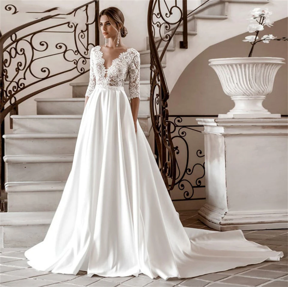 Elegant Deep V-Neck Satin Lace Button Wedding Dresses For Woman 2024 Ball Gown Court Train Bridal Gowns vestidos de novia