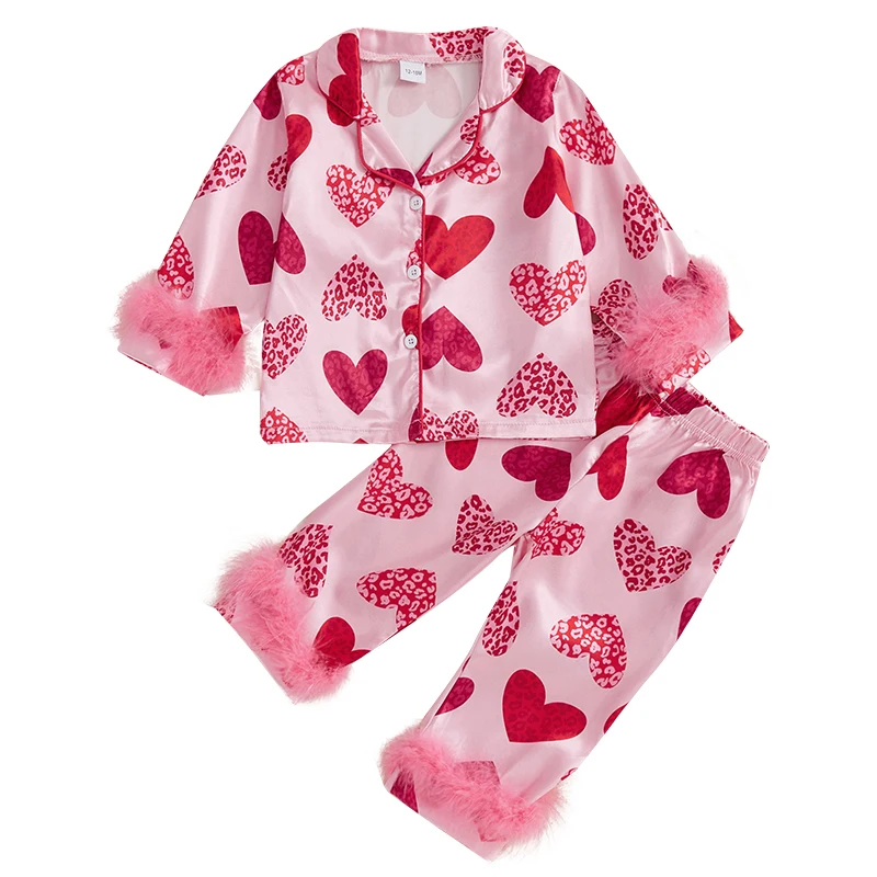 Women s 2-Piece Valentine s Day Pajama Set with Long Sleeve Heart Print Shirt and Cozy Pants for Sleepwear