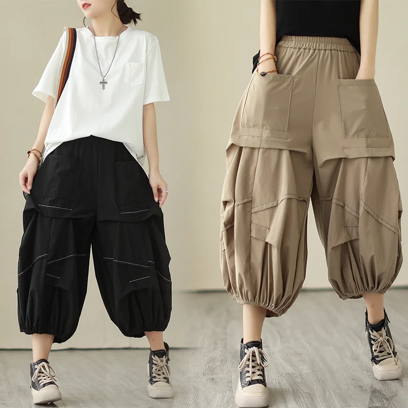 #2944 Summer Black Khaki Cargo Pants Women Multi-pockets Loose Streetwear Wide Leg Pants High Waist Asymmetrical Bloomers Pants multi khaki ножницы