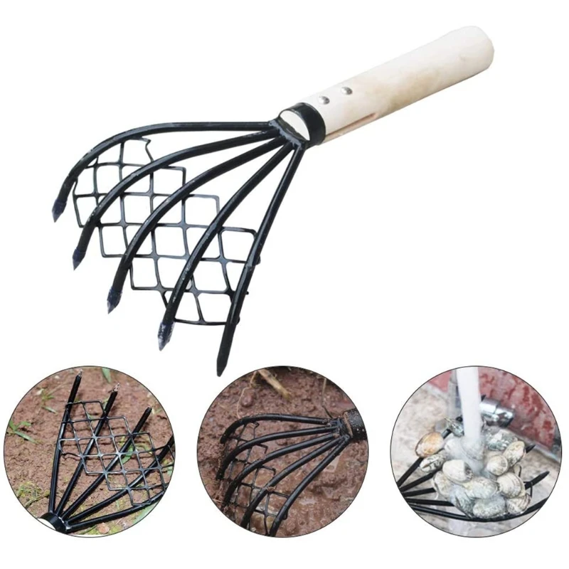 652F 15 인치 다기능 핸드 레이크 클로 레이크 메쉬 네트 5-Tine 고 탄소강 Clamming Claws Clam Digger
