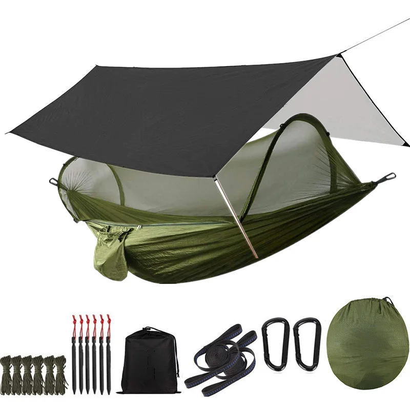 

Двойной гамак для кемпинга с москитной сеткой, дождевой мушкой, сеткой для насекомых и брезентом, легкие ремни для деревьев, сверхмощные карабины