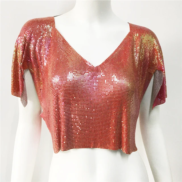 Glitter Chainmail Short Sleeve V Neck Top 42