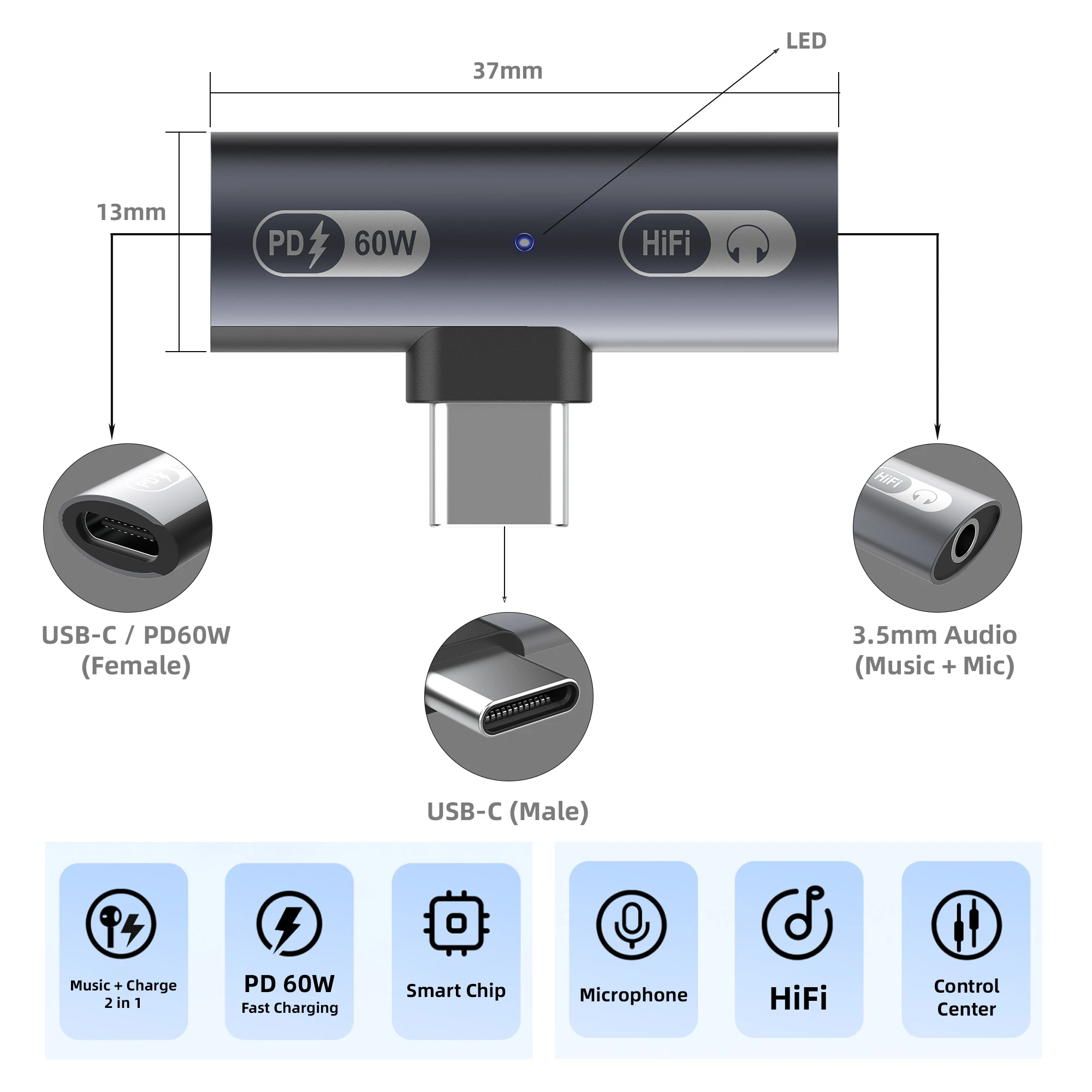 High-Power Dual Function Type C Splitter with Fast Charging and Audio Support