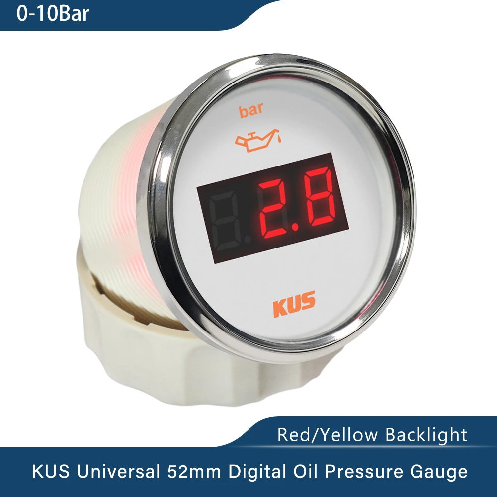 KUS 52mm Oil Pressure Gauge Meter 0-5 Bar 0-10 Bar for Marine Auto with Red and Yellow available Backlight 12V 24V