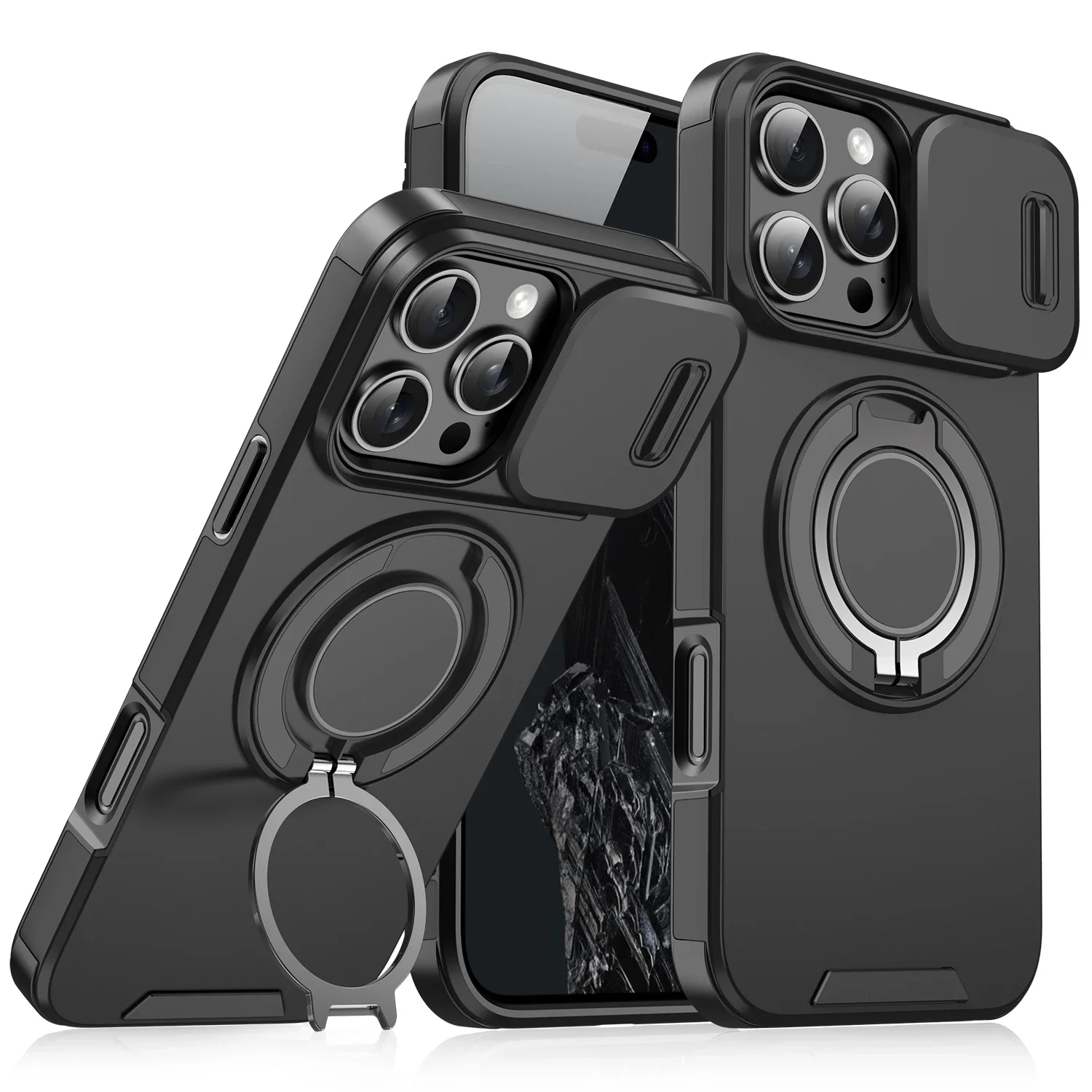 Csúsztatható kameralencse-védő tok iPhone 16 15 14 Plus 13 12 11 Pro Max 360 fokban forgatható mágneses gyűrűtartó borítóval Coque_voghion.com