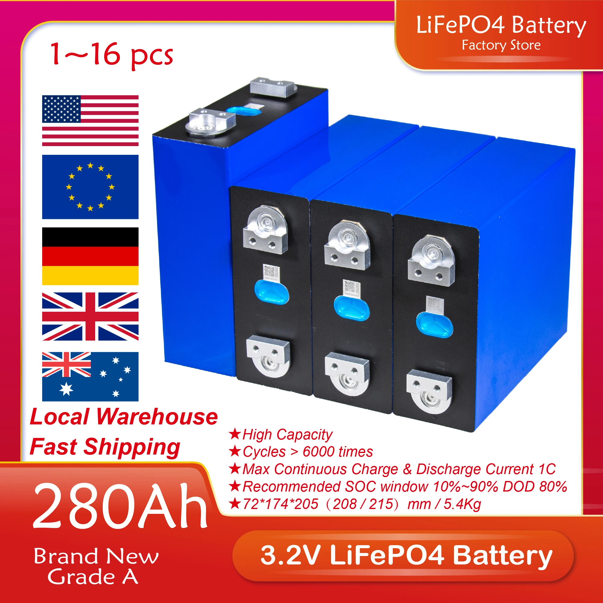

1/2/4/8/16/32/64PCS 3.2V 280AH LFP Cells LF280K Battery Brand New DIY 12V 24V 48V Battery Pack For Solar Energy System EU Stock