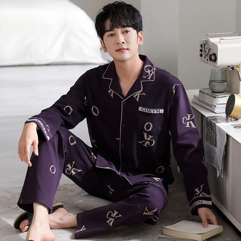 Autumn Winter Men's Cotton Pajamas Fashion Lapel Long Sleeve Cardigan Pants Comfortable Casual Loose Fitting Home Clothing Set