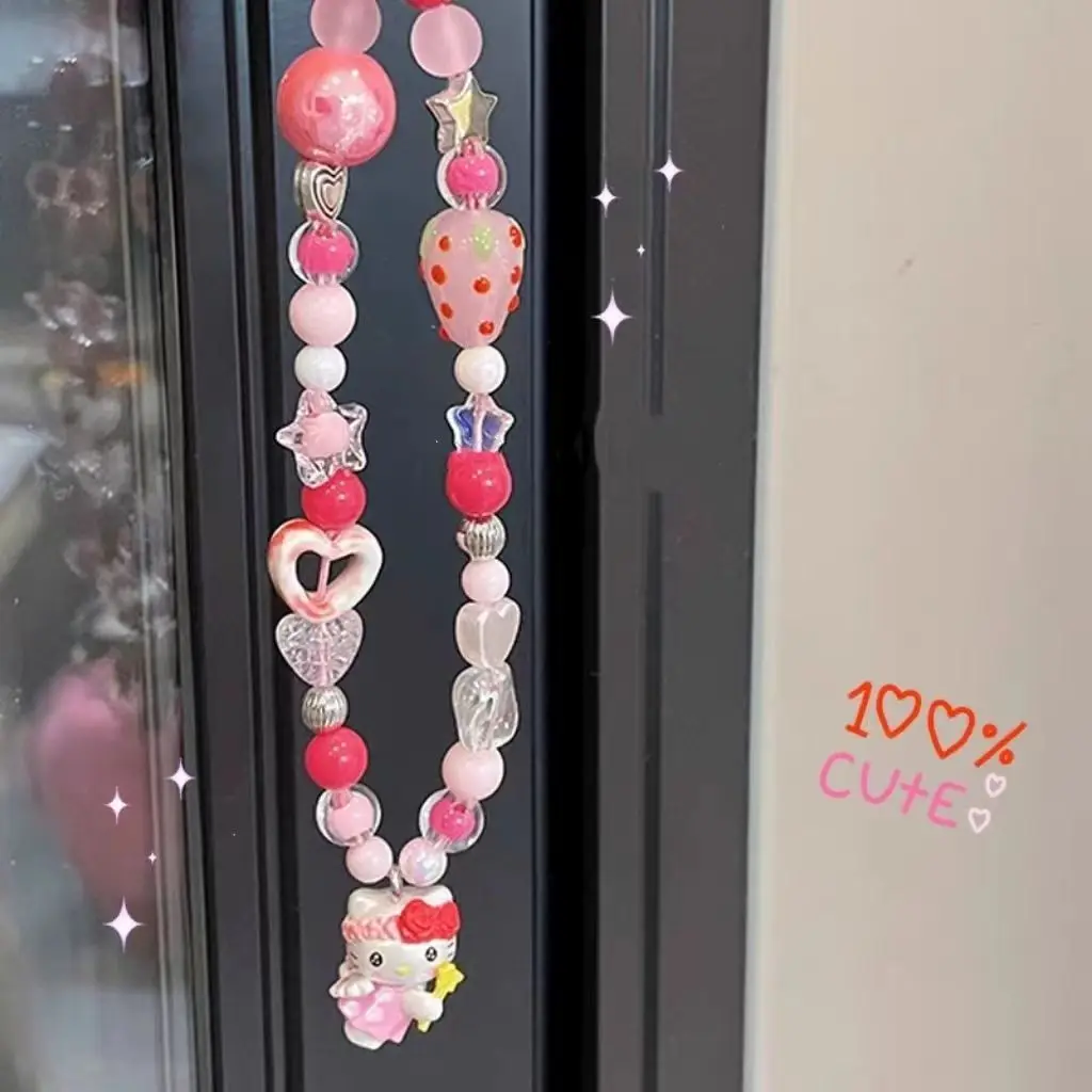 

Sanrio Hello Kitty Strawberry Beaded Phone Chain Cartoon CCD Camera Pendant Girl Backpack Keychain Cute Decoration Gifts