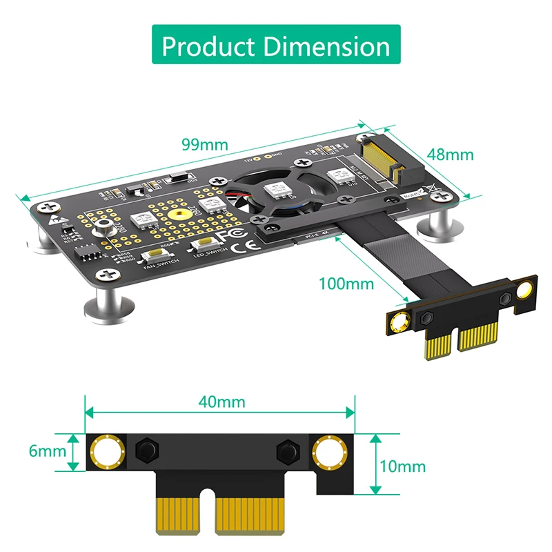 냉각 선풍기 RGB LED 마그네틱 패드 포함 익스텐션 케이블, PCI 익스프레스 3.0 1X 에서 M 키 컨버터 라이저 보드, 10cm, M.2 NVME to PCIE X1