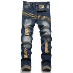 New Autum Punk Men's Jeans Ripped Embroidered Slim Pencil Pants Mid-Waist Casual Stretch Classic Blue Trousers