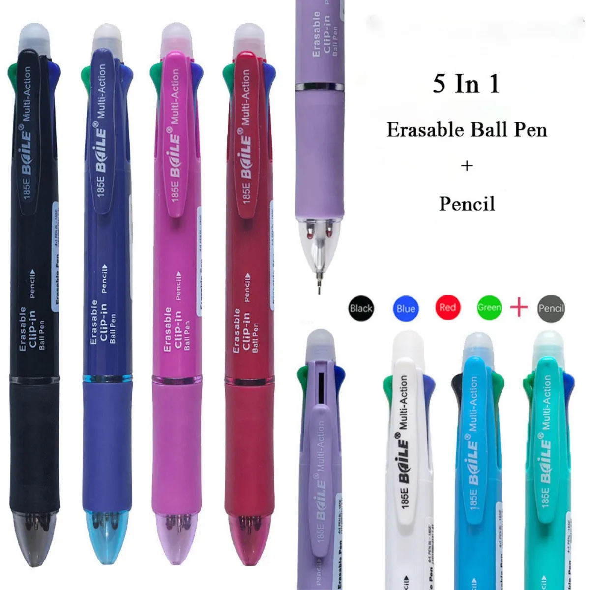 5-in-1 지울 수 있는 다기능 펜 ? 0.7mm 젤 + 0.5mm 연필, 학교 및 사무실 필기 문구용 리필 가능 색상 4개