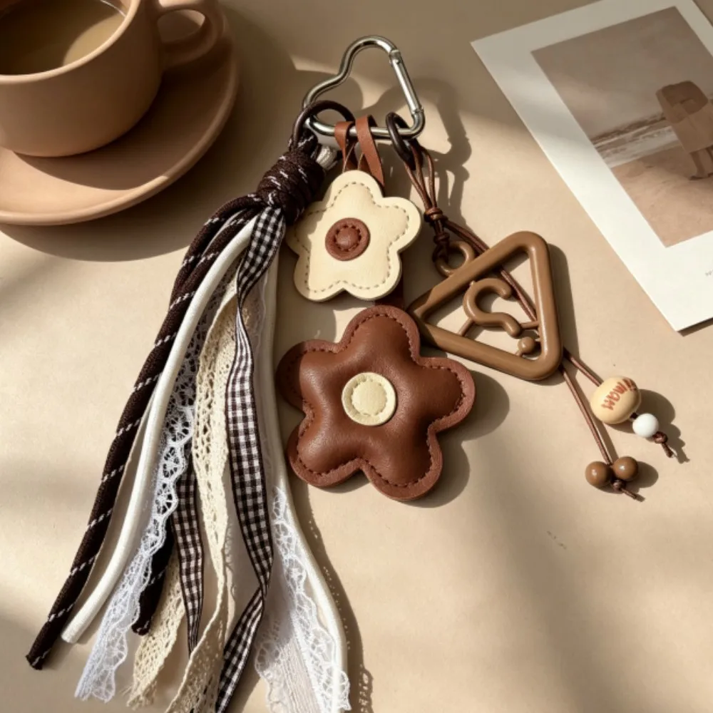 Vintage Floral Boho Leather Keychain with Lace Tassel and Acrylic Pendant