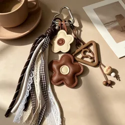 Vintage Floral Boho Leather Keychain with Lace Tassel and Acrylic Pendant (Brown)