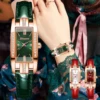 Vintage Women Watches Fashion Rhinestone Rectangle Ladies Leather Band Quartz Watch 1