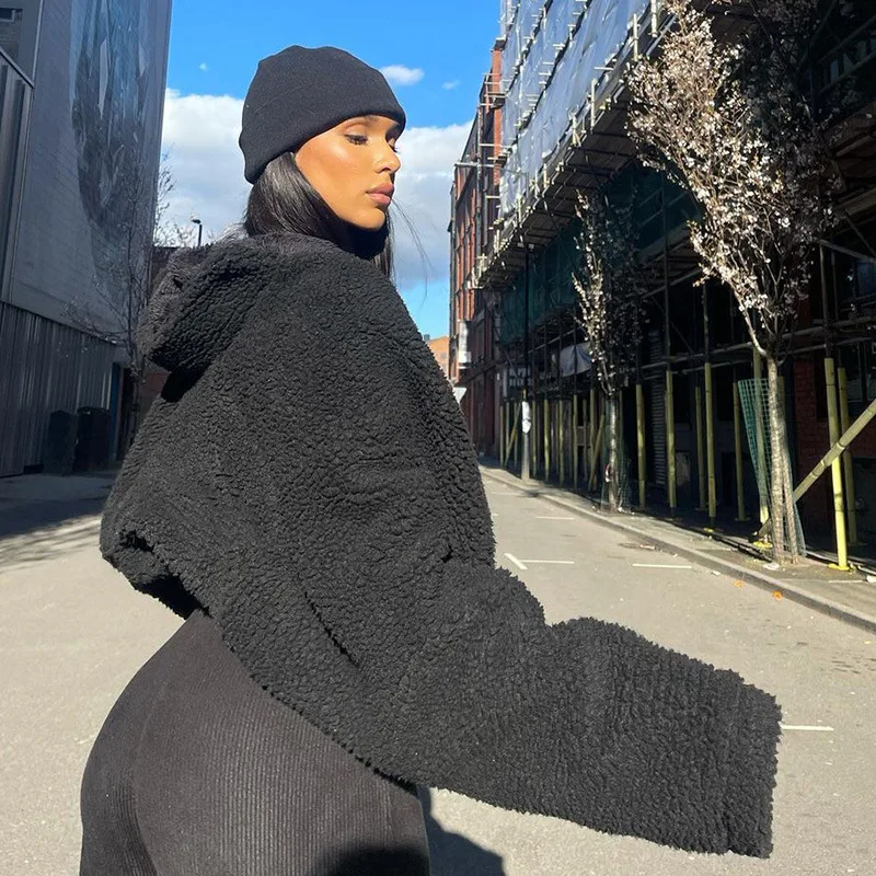 Plush Thermal Furry Loose Zipper Long-sleeved Stand-up Collar Short Jacket Long-sleeved Faux Lamb Streetwear Women Clothing