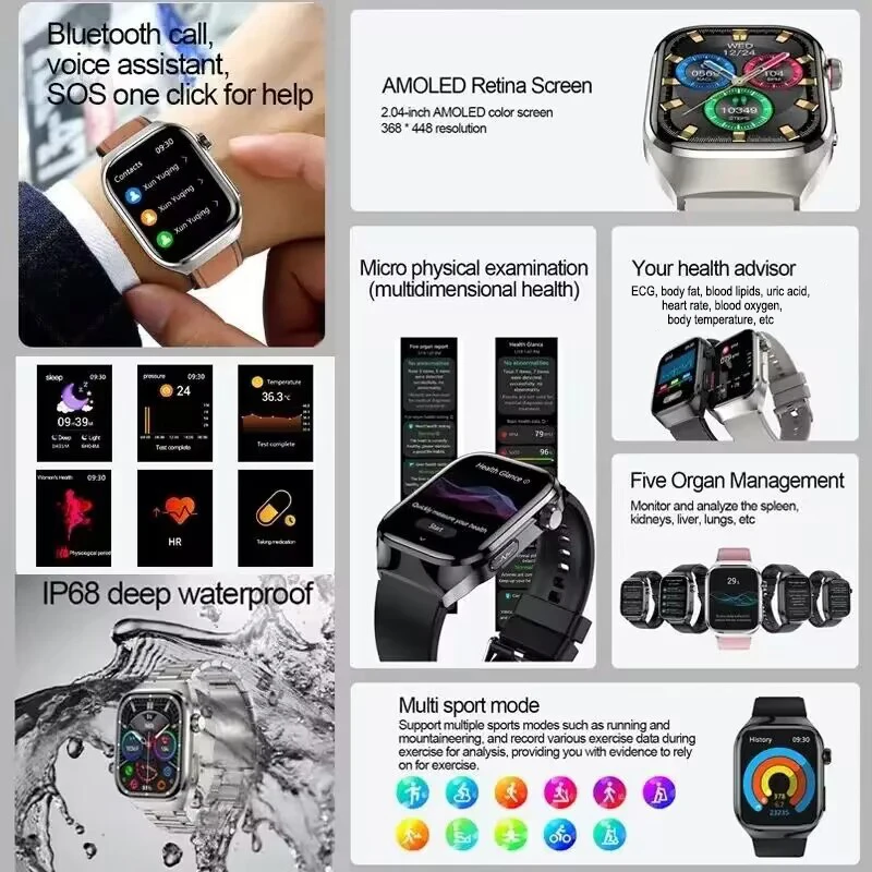 2026 New Nursing Grade Uric acid Blood lipids Smart Watch Men ECG+PPG Blood Pressure Heart Rate Bluetooth Call Health Smartwatch 3