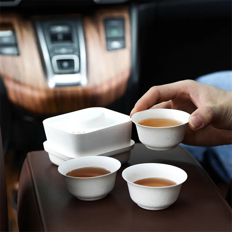 Disposable Tea Set with 3 Cups 1 Filter Plant Fiber Pulp Material Thick Durable for Car Office Travel Outdoor Activities