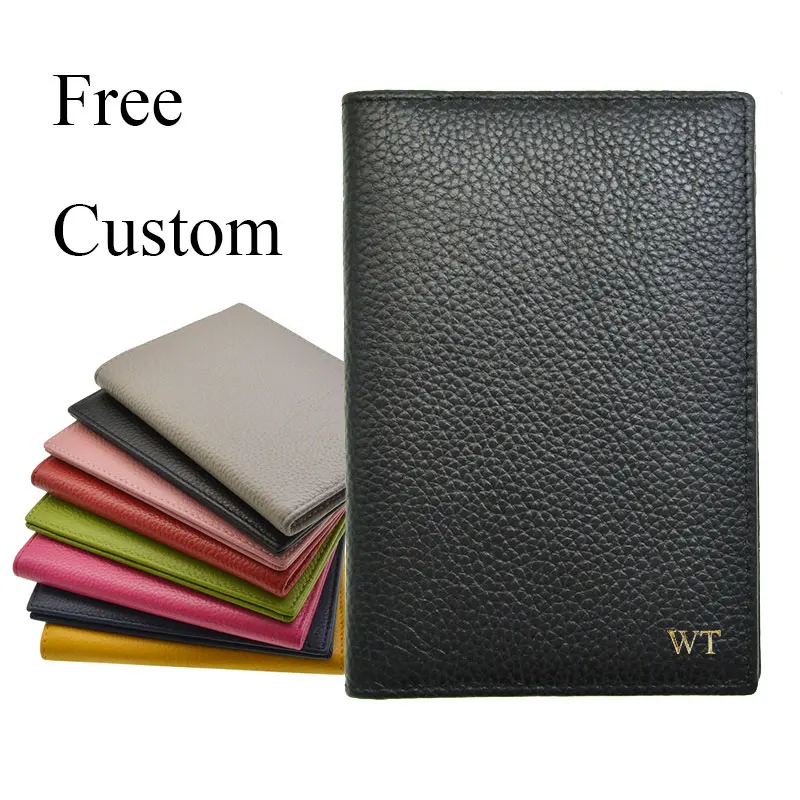 Free Custom Letters Genuine Cow Leather Passport Holder Composite Soft Cover For The Passport Case with Flight Ticket Pocket